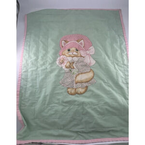 VTG Handmade Kitty Cat Blanket Pink Dress Bonnet Flowers 30x 40 Baby Quilt Gift